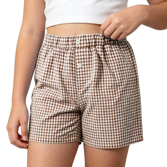 CAIVO Kids Girls Summer Casual Loose Fit Plaid Shorts Elastic Waist Wide Leg Breathable Shorts With Pockets Breathable Solid Color Bottoms For Holiday Travel