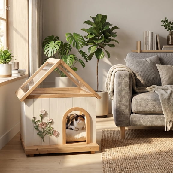 Premium Natural Cedar Pet House – Acrylic Sunroof, Floral Carved Cat Furniture, Luxury Indoor/Semi-Outdoor Dog Shelter for Small Dogs & Cats