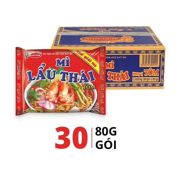 Acecook Thai Hot Pot Instant Noodles 80g– Spicy & Sour Flavor, Authentic Tom Yum Style (Pack of 30)
