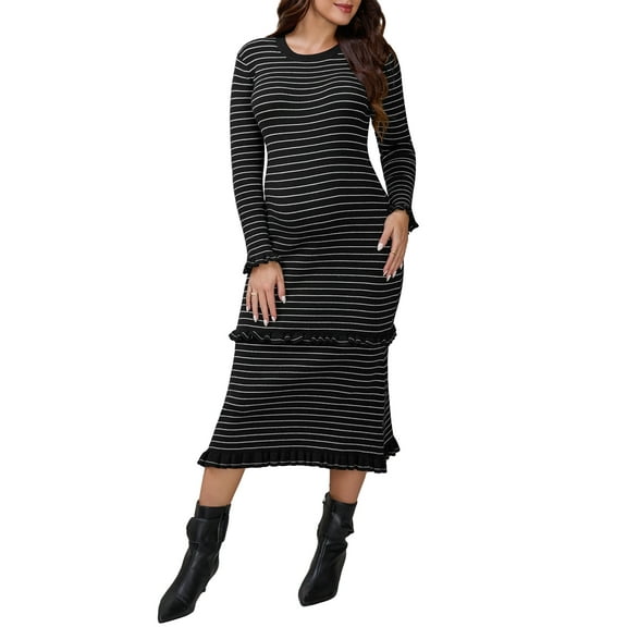 INSPIRE CHIC Women's Maternity Sweater Dress Stripped Ruffle Winter Warm Stretchy Knit Long Sleeve Maxi Dresses Black Medium