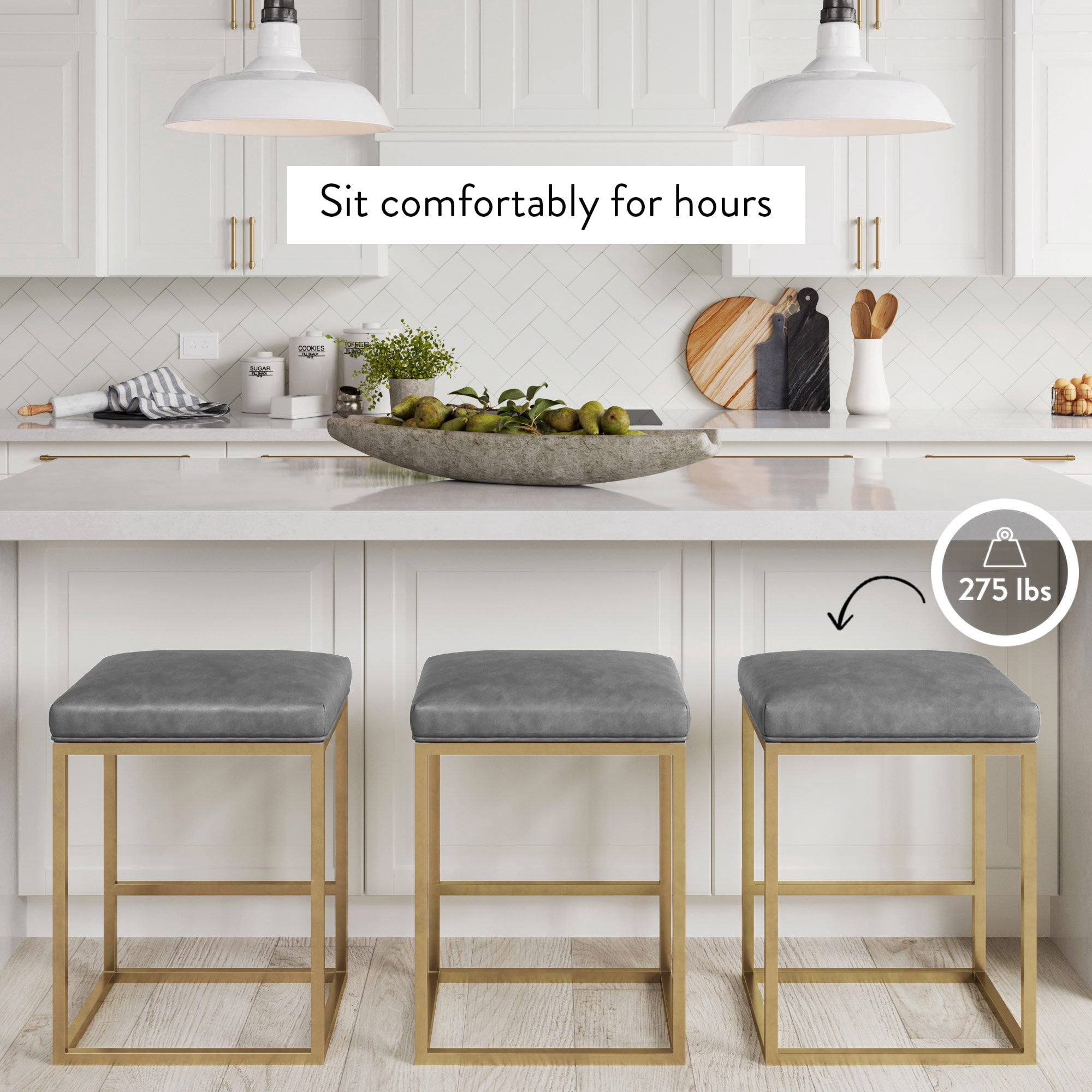 Nathan James Nelson Bar Stool with Leather Cushion and Metal Base, 24", Gray/Gold