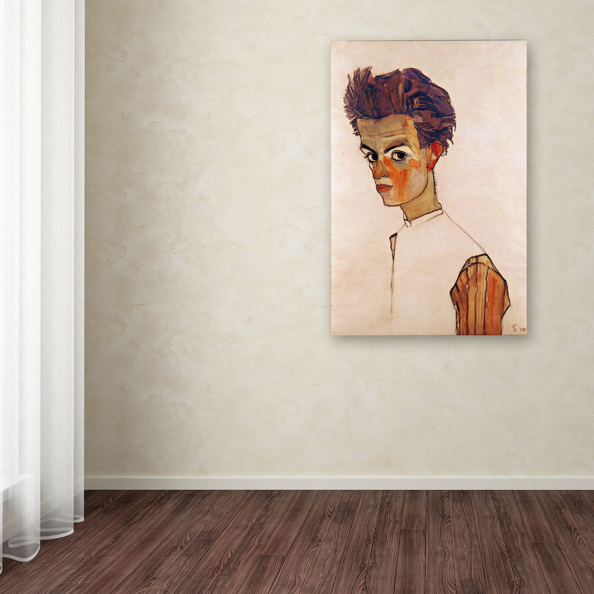 Trademark Fine Art 'Self Portrait With Striped Shirt' Canvas Art by Egon Schiele