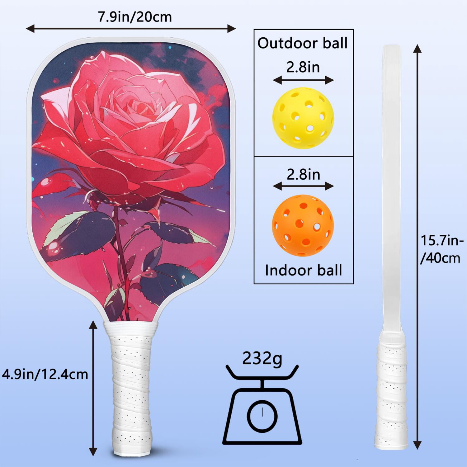 Pickleball Paddles Set Of 2, Fiberglass Surface, Rose, Floral Print, 4 Balls & Bag