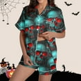 thumbnail image 2 of Feancey Women Halloween Pjs Sets Short Sleeve Button Down Sleepwear Funny Cute Ghost Print Pajama Two Piece Loungewear 2 Piece Set Birthdal Gifts Blue XXL, 2 of 7