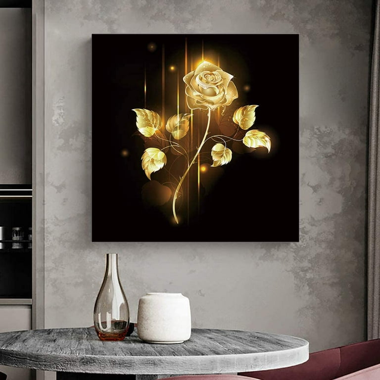 Canvas Wall Art Black and Golden Rose Gold Sparkle Flower Romantic Floral Picture Modern Artwork Printed on Canvas Oil Painting for Wall Decor Stretched and Framed Ready to Hang 16 x