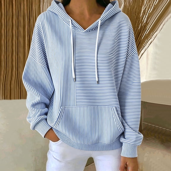 Uootdi Hooded Tops for Women Hooded V Neck Long Sleeve Drawstring Stripe Print Sweatshirts Oversized Fit Leisure Relaxed Outer Tops with Kangaroo Pocket
