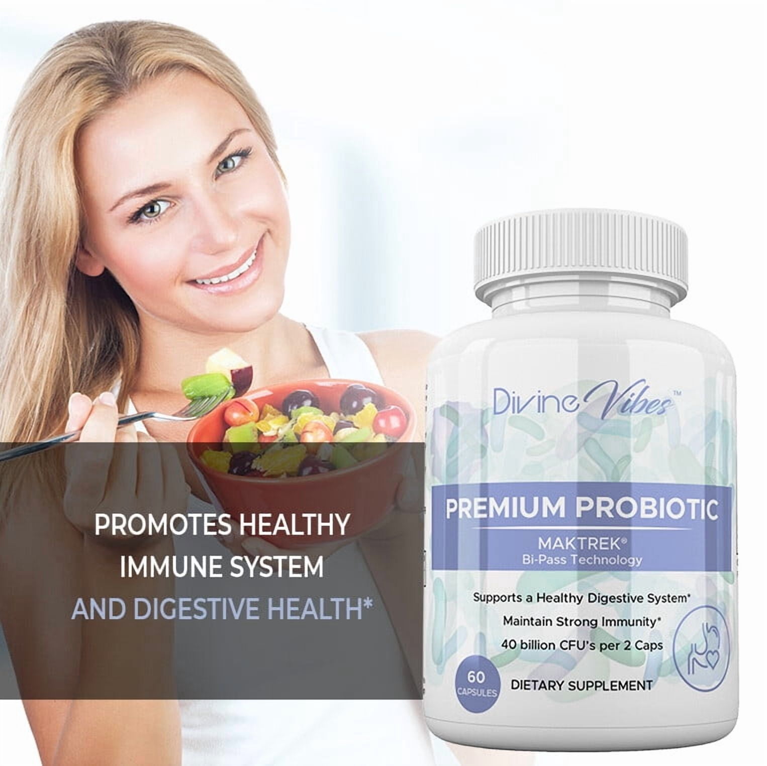 Divine Vibes Premium Probiotic 40 Billion CFU with MAKTrek Bi-Pass Technology – All Natural, Non-GMO, Gluten Free Digestive & Immune Support for Women & Men – 30 Day Supply – Made in USA
