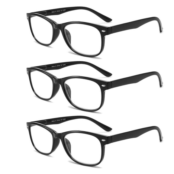 LANLANG 3 Pack Reading Glasses for Women Men,Blue Light Blocking Glasses,Spring Hinge, 2.0 diopters,Anti Eyestrain, Black