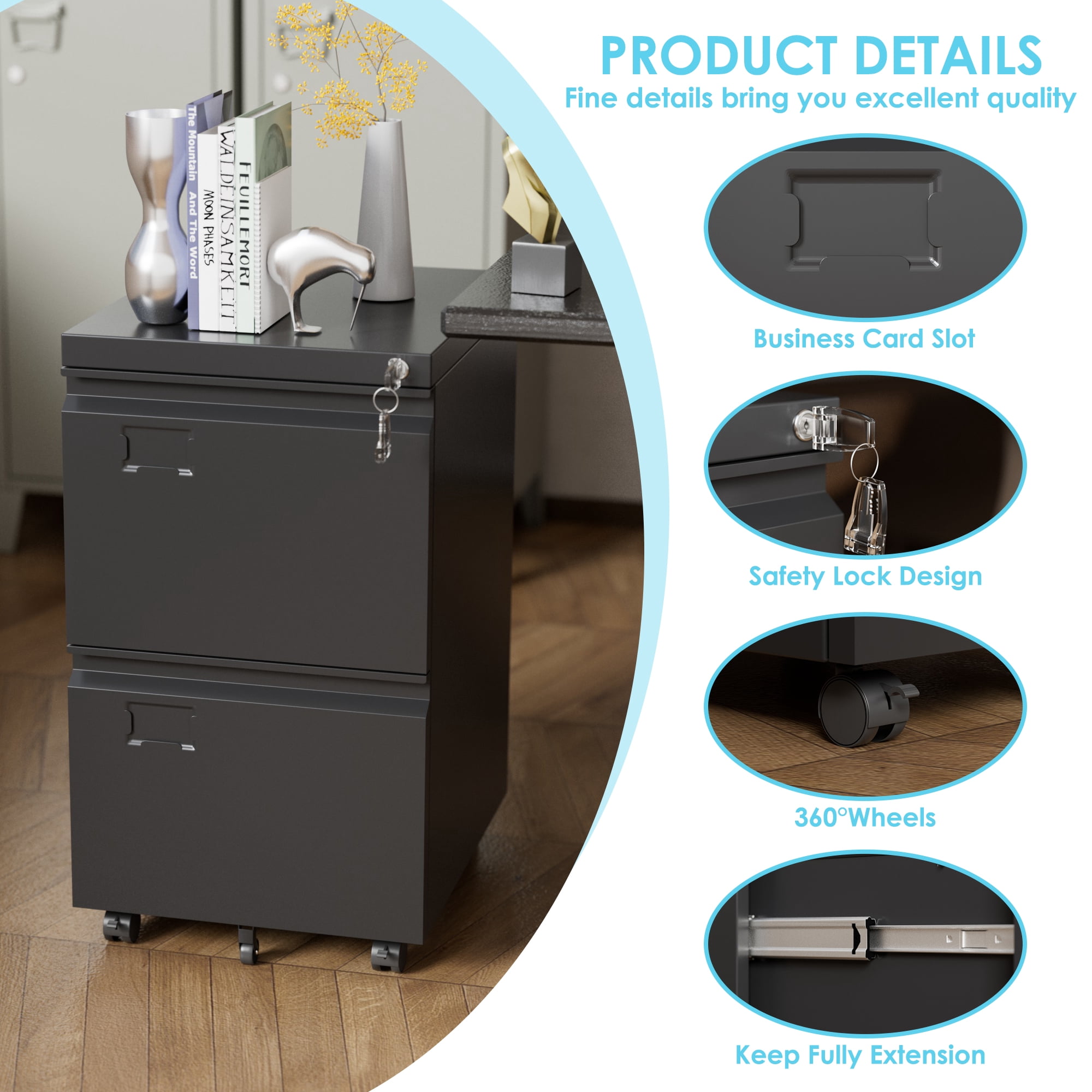HUAXRON 2 Drawer Black Mobile File Cabinets with Lock, Under Desk Metal Movable Office Filing Cabinet, One  Pack, Assembly Required (Black)