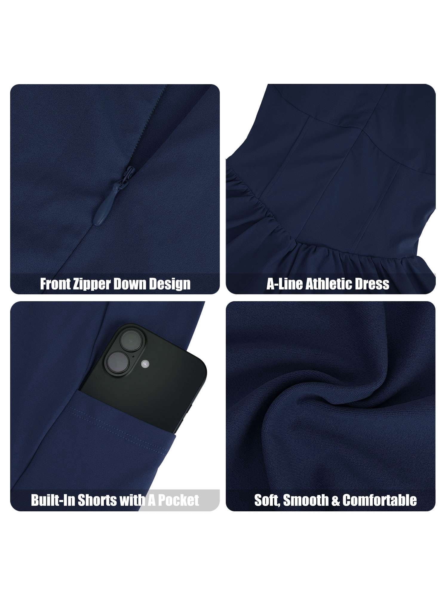 PULLIMORE Women's Athletic Tank Dress with Built-In Bra - Moisture-Wicking Golf/Tennis Dress(Navy)