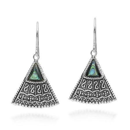 Balinese Shell - Charm Balinese Art Triangle Shape Abalone Shell .925 Sterling Silver Dangle Earrings