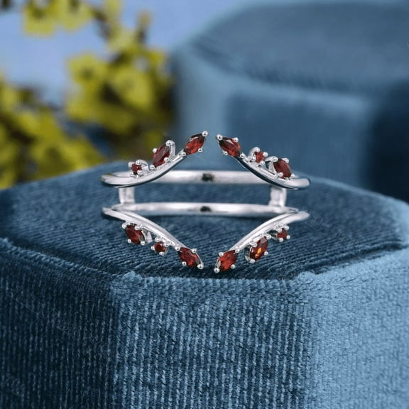 Double curved Garnet wedding Band - white gold Finish enhancer ring - vintage marquise matching Bridal wedding Promise ring