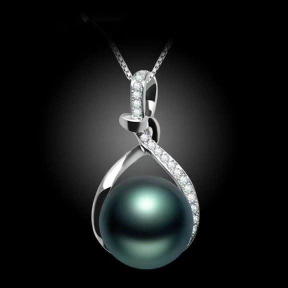 Simulated Tahitian Black Pearl Pendant with Diamond Zircon for Women No Chain