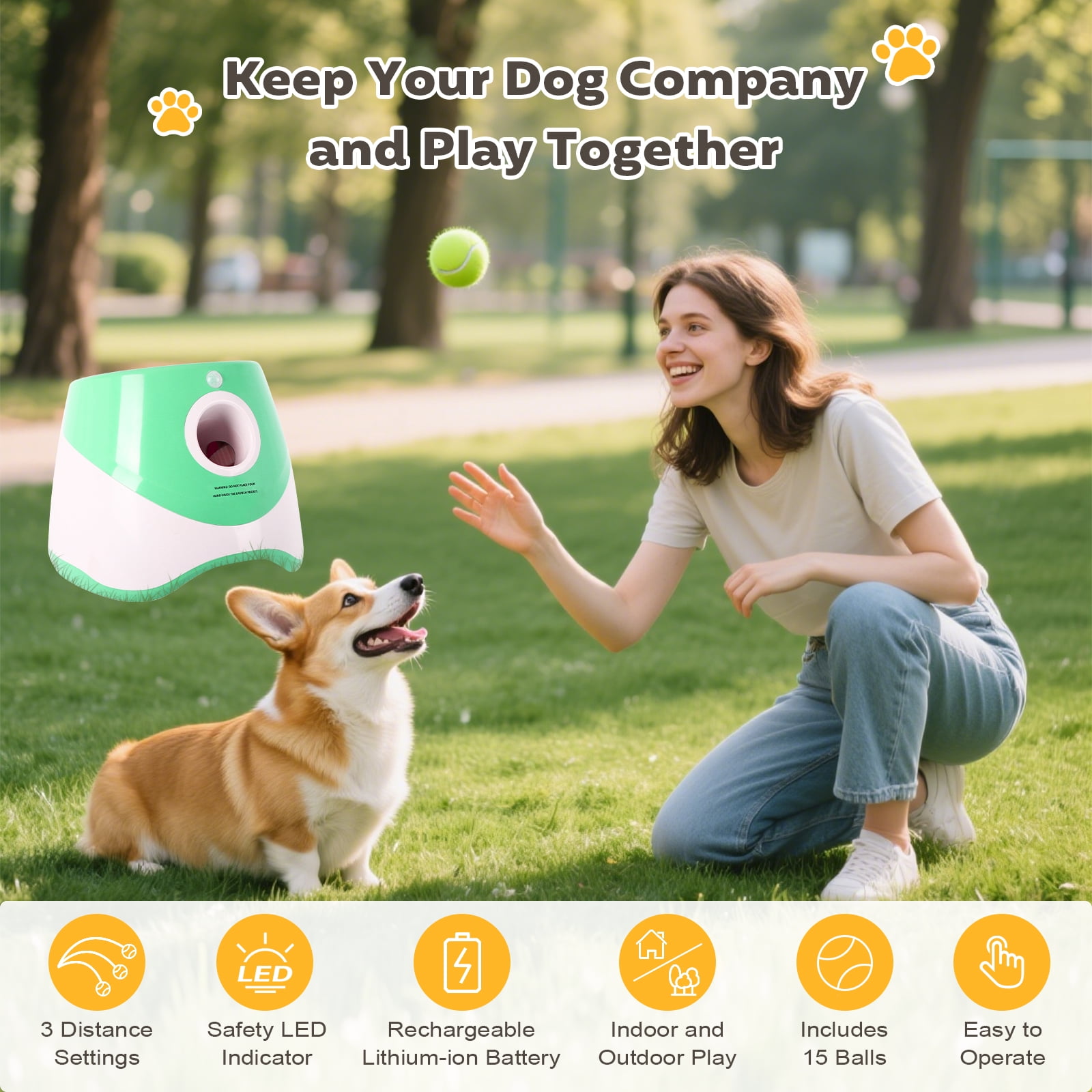 GYZJ Automatic Ball Launcher for Dogs,Interactive Dog Ball Thrower with 15x 2" Mini Tennis Balls for Small Dogs,Green