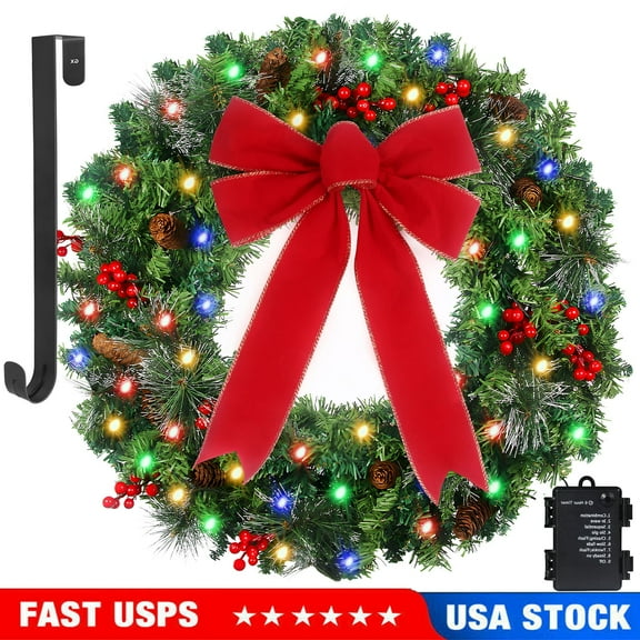 24in Prelit Christmas Wreath Battery Operated 50 Multicolored Lights with Pinecone and Red Berries, Lifelike Snow