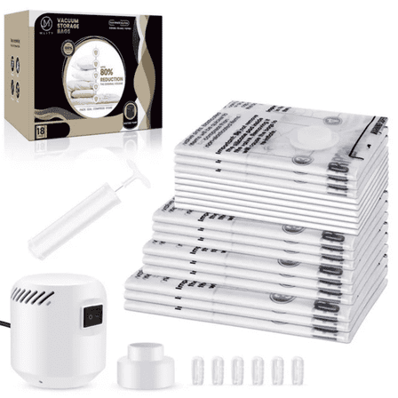 Vacuum Storage Bags, 18-Pack Space Saver Bags for Clothes, Bedding & Travel – Includes 2 Pumps