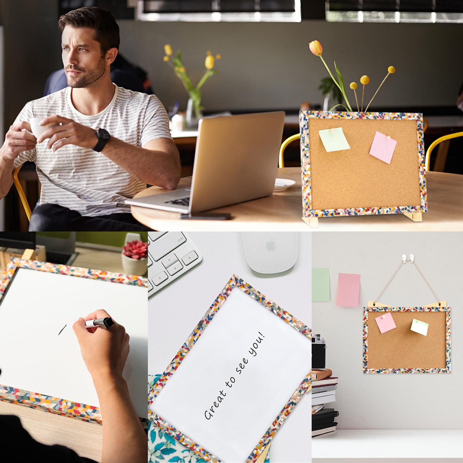 SHOOFFICE Combo Dry Erase Board & Cork Board, 16" x 12" Magnetic Corkboard with Stand, Boho Wooden Frame