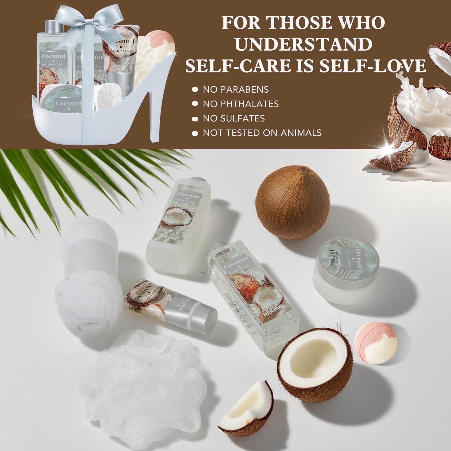 Spa Luxetique Elegant Gift Baskets for Women, 8Pcs Coconut Luxury Birthday Gift Sets for Mom, Bath and Body Self Care Kits for Wife