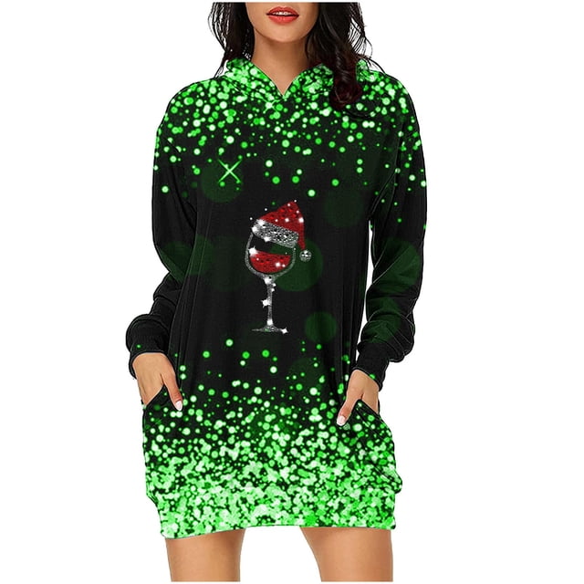 Pisexur Robe de Noël pour Femmes Mode Imprimé Verres de Vin Rouge Robe de Fête Décontractée à Manches Longues avec Capuche Robe d'Automne de Noël Mini Robe avec Poches