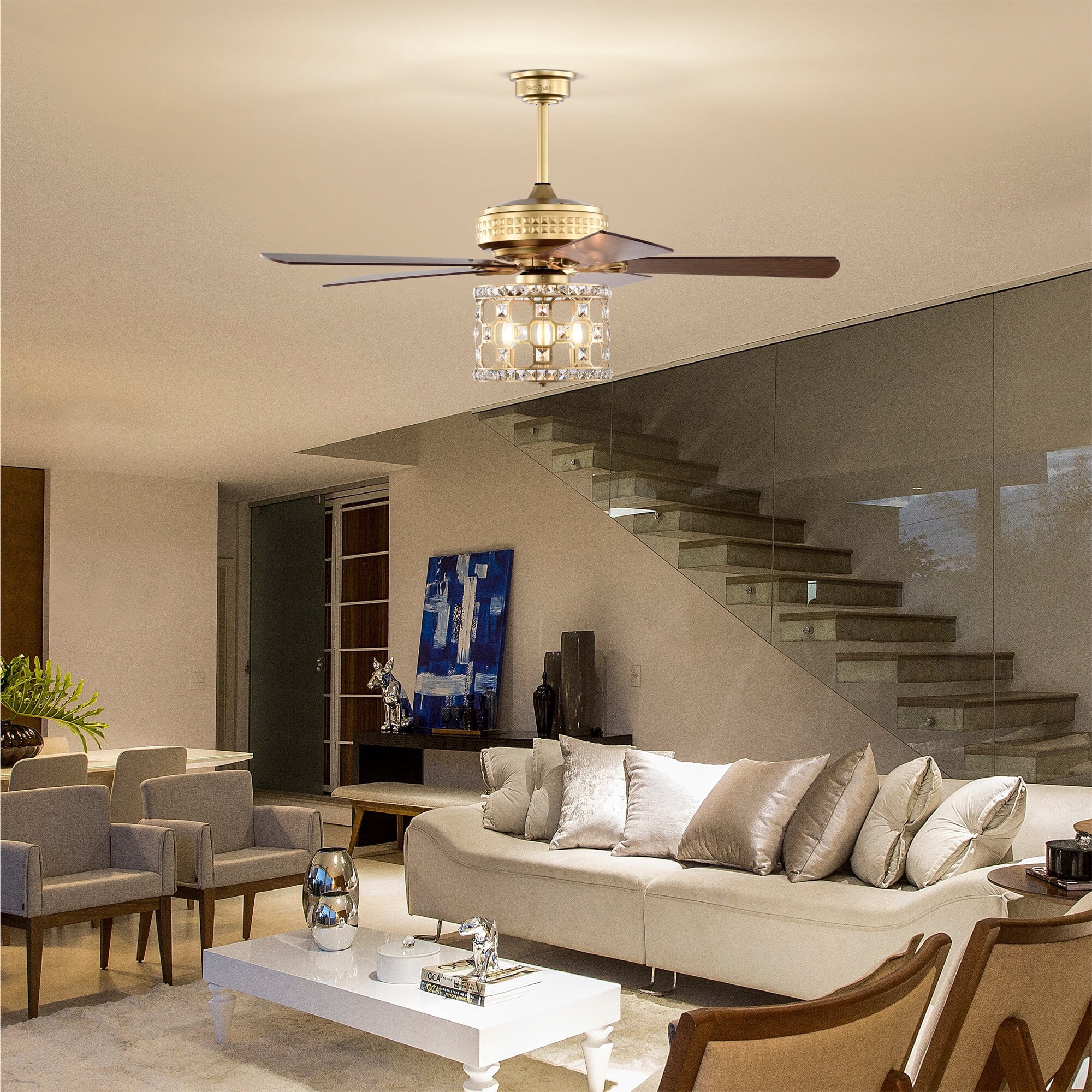 Warehouse of Tiffany AW01W04MG Adsila 52 in. 3-Light Indoor Satin Gold Finish Ceiling Fan Chandelier with Light Kit