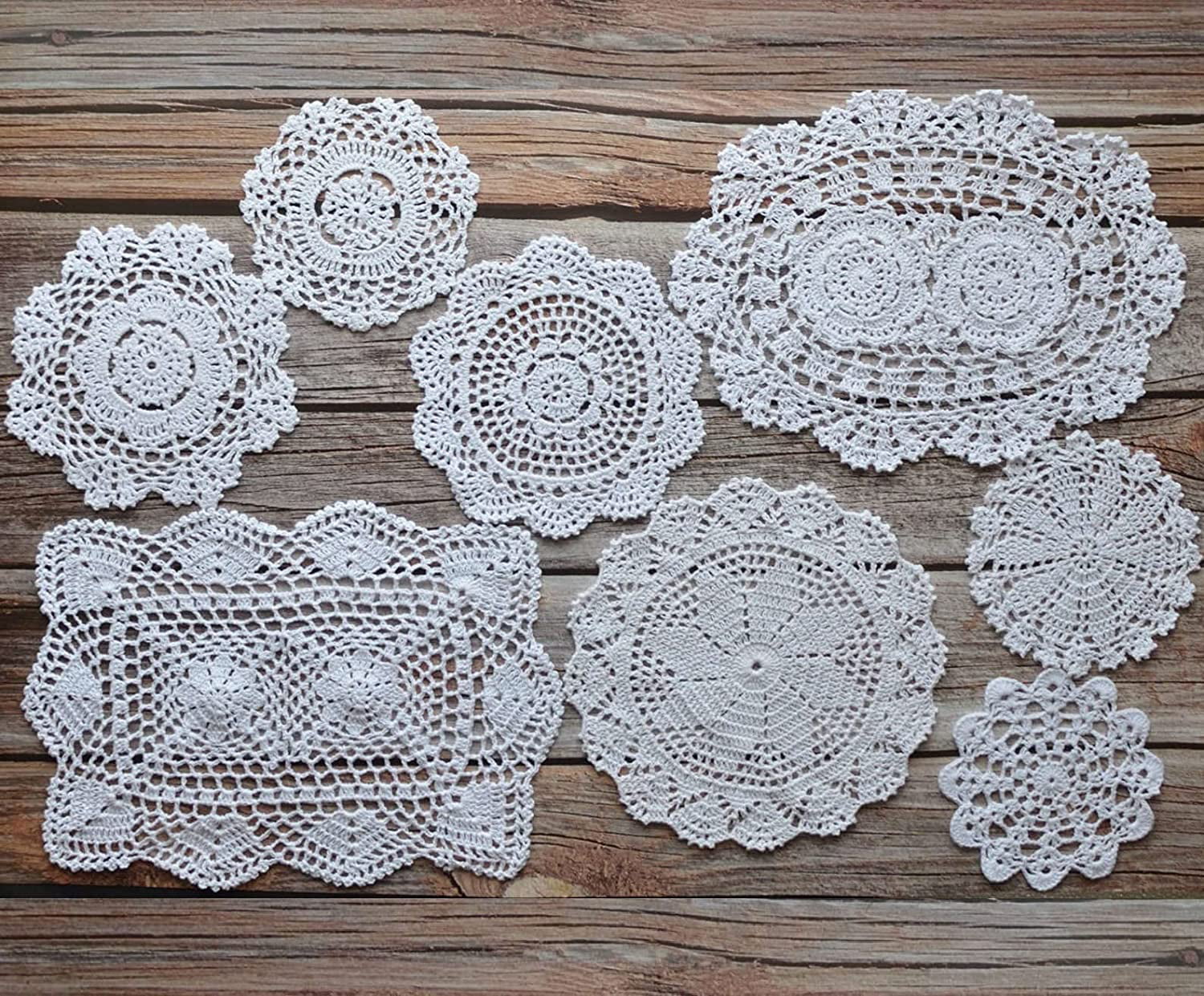 Set 6 Victorian White 8" Round Floral Crochet Lace Doilies Wedding Lot 