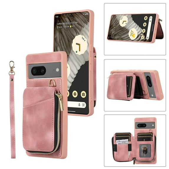 ELEHOLD for Google Pixel 7 Pro,Luxury Zipper Wallet Case with Card Slots Zipper Pocket Kickstand Function Wriststrap Crossbody Shoulder Strap Shockproof Purse Case,pink