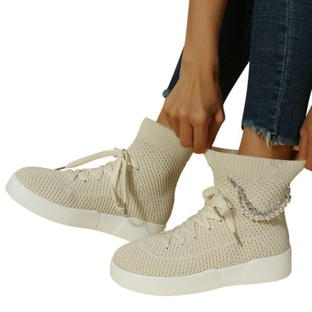 

Ki-8Jcud Botas De Mujer Women Lace Up Socks Boots Chain Pearl Round Toe Boots Stilettos Platform Boots Breathable Fashion Women Boots Womens Booties And Boots Under 30 Wedge Boots For Women With Hee