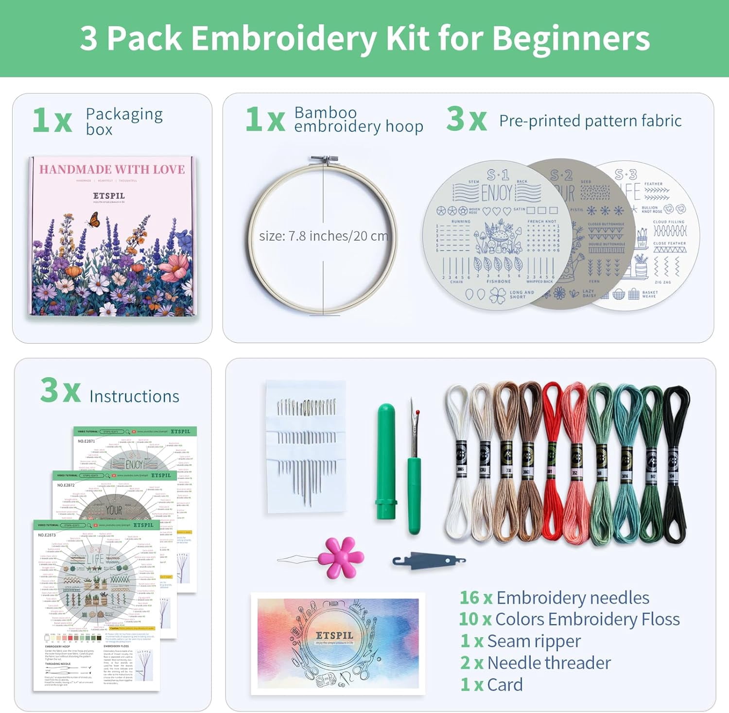 CLIQKWEN 3 Sets Embroidery Kit for Beginners ，Plant Kits for Adults Learn 33 Different Stitches，Includes Stamped Pattern, Easy to Follow Instruction & Video (Plant C)