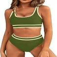 thumbnail image 1 of Women's High Waisted Bikini Sets Sporty Two Piece Swimsuits Color Block Cheeky High Cut Bathing Suits-Army Green, 1 of 5