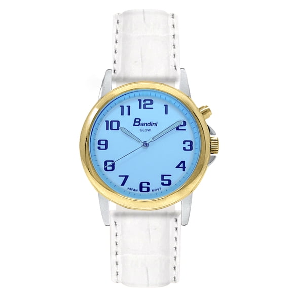 Bandini Mens Glow Watch - Extra Long Alligator Pattern Leather Band - 38mm Analog Men's Easy Read Watch with Light Up, Quartz, White Dial, Big Numbers, Glow in Dark Hands - Two-Tone / White