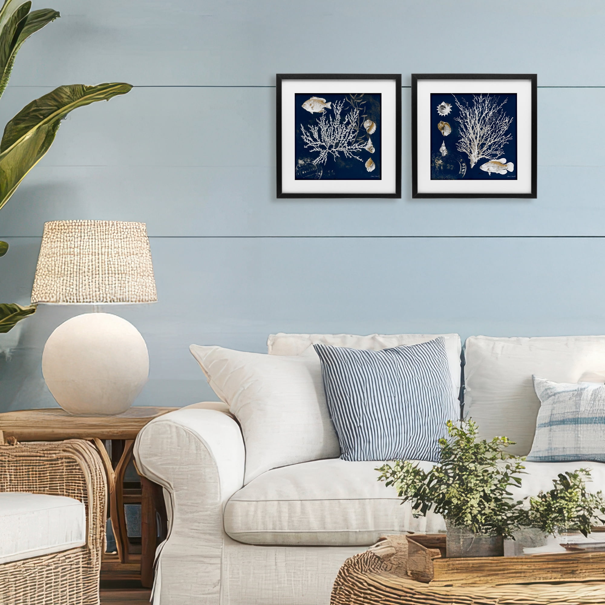 Stupell Industries Navy Coral Medley 2 Piece Black Framed Print Under Glass Set, design by Lanie Loreth