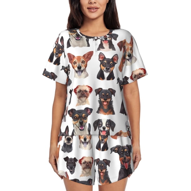 Fotbe Happy Dog Faces Collage Conjunto de Pijama Estampado para Mujer, 2 Piezas, Ropa de Dormir con Camiseta de Manga Corta y Shorts Suaves-X-Large