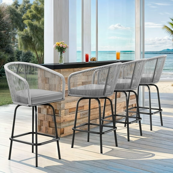 ModFusion 4 -Piece Bar Stools Outdoor Patio Woven Chair, 360 Rotatable Swivel Chair with Soft Cushion, Gray