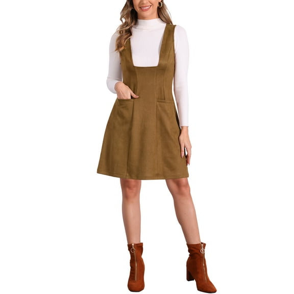 INSPIRE CHIC Pinafore Overall Dress for Women's Sleeveless Pockets Casual Vintage Faux Suede Dresses