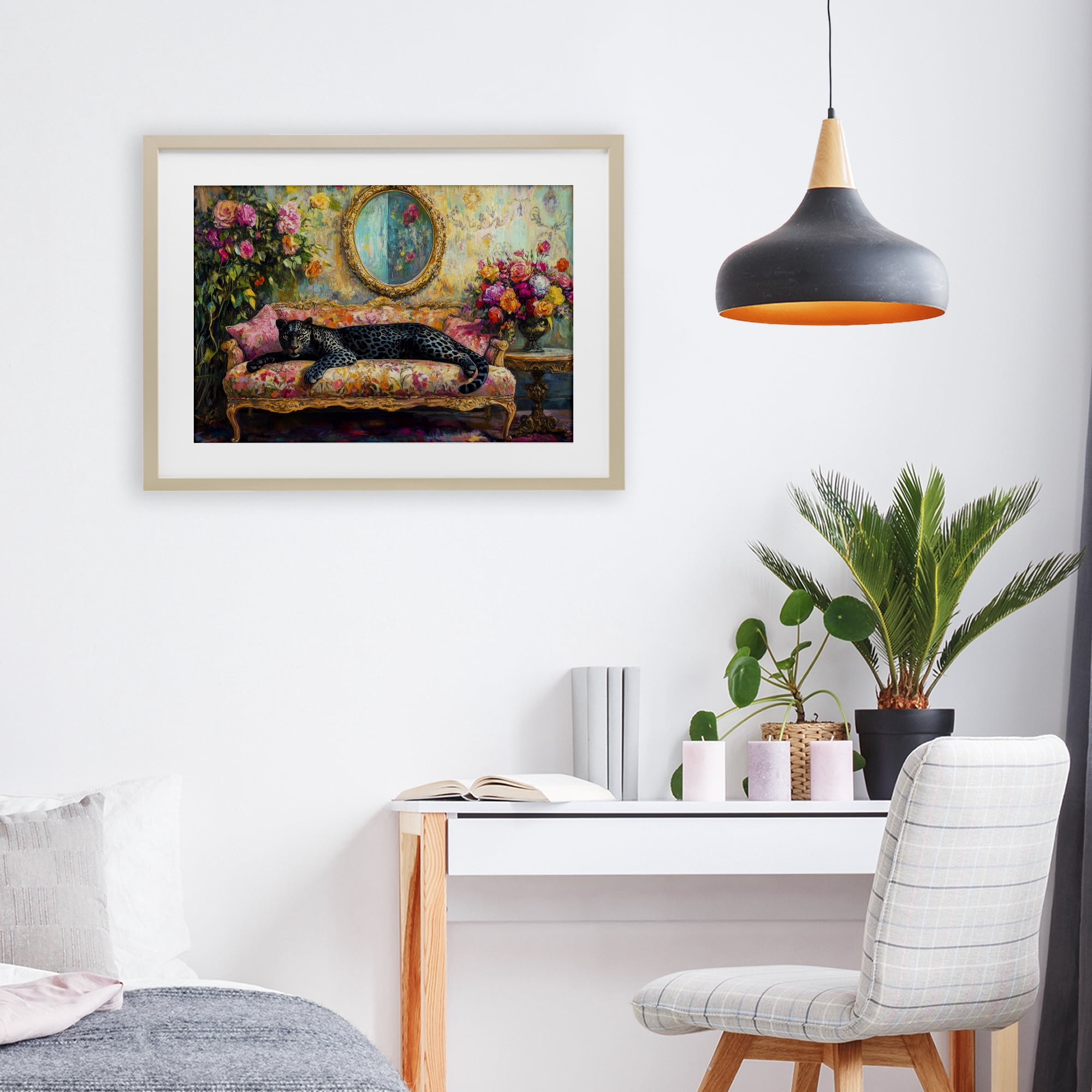 Stupell Industries Lounging Leopard on Floral Sofa Birch Framed Print Under Glass, design by Petal Prints Design