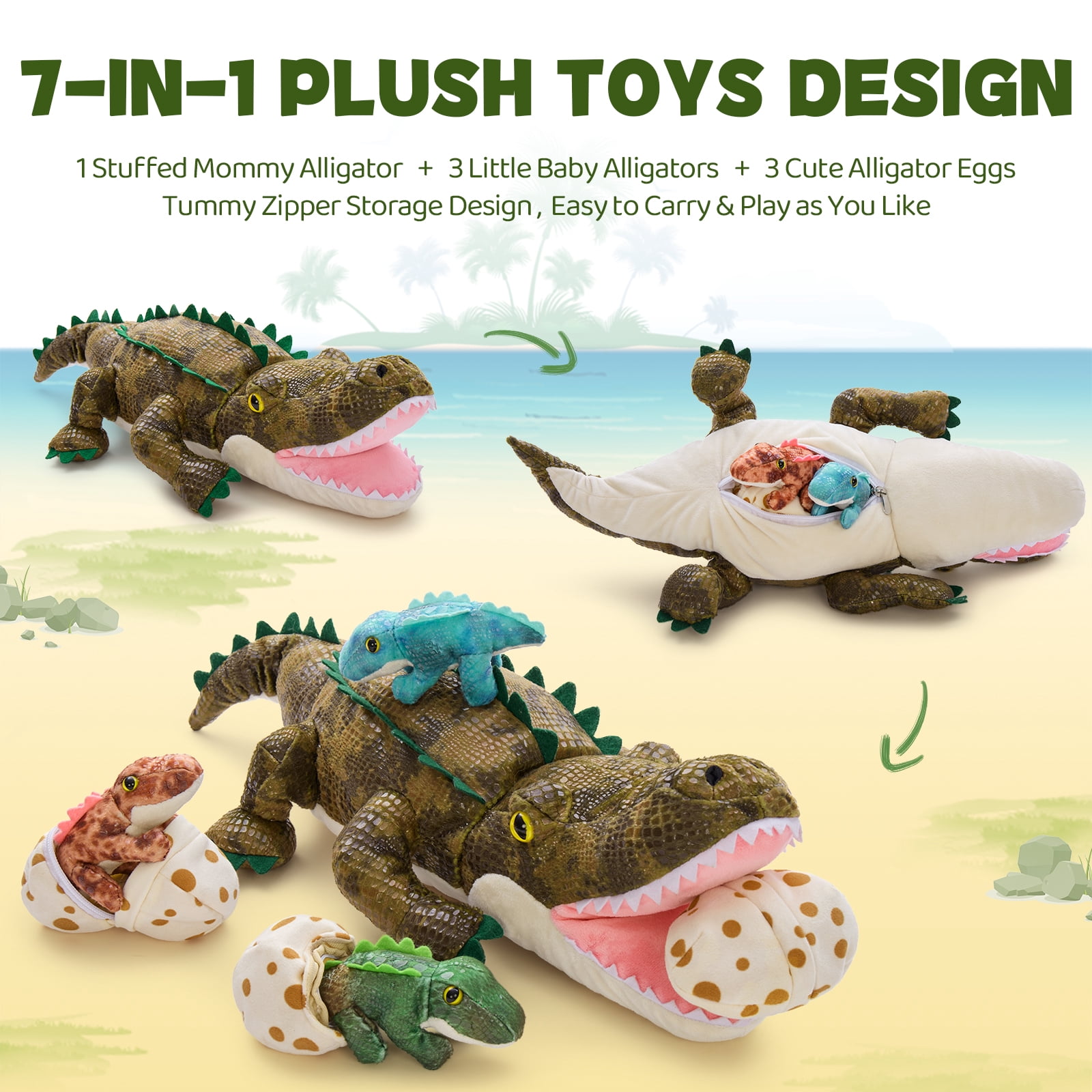 MorisMos 24" Alligator Stuffed Animal Mommy Stuffed Crocodile with 3 Babies and 3 Eggs