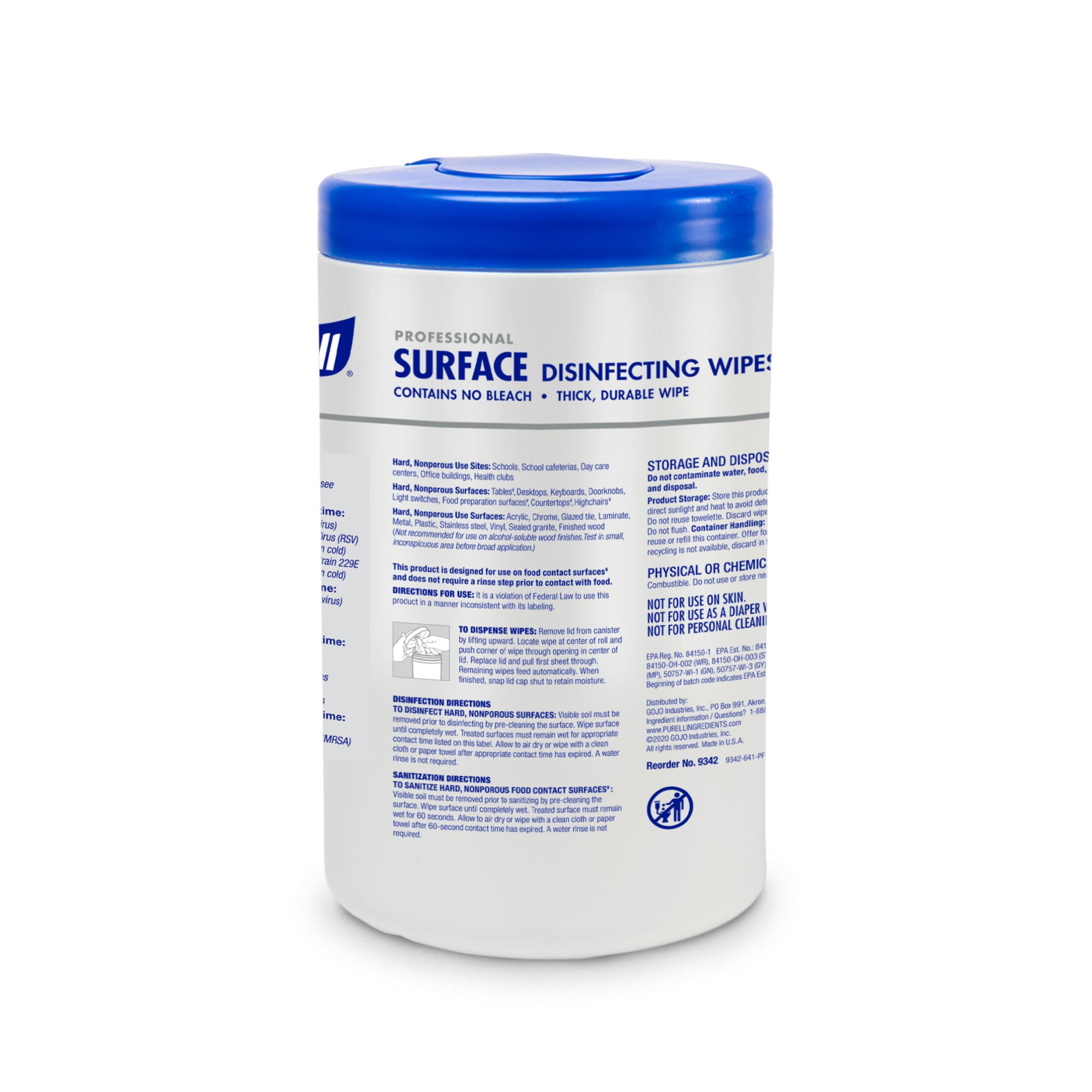 PURELL® Professional Surface Disinfecting Wipes, Citrus Scent, 110 Count Canister, 7"x 8" Wipes, Pack of 6 Canisters