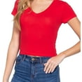 thumbnail image 2 of Simply Fashion Women’s Short Sleeve V- Neck Cotton Spandex Crop Top,Red,Medium, 2 of 4