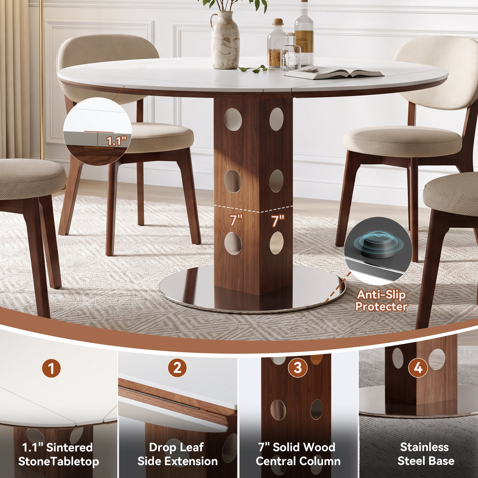 7 Piece Dining Table Set for 6, 47.2" Round Sintered Stone Table with Drop Leaf and 6 Upholstered Chairs