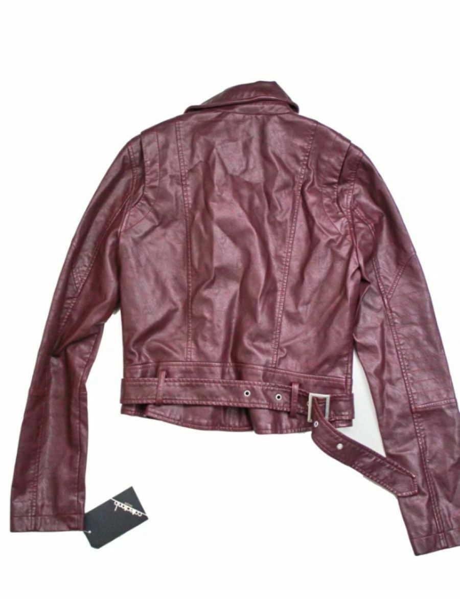 COLLECTIONB Womens Maroon Faux Leather Belted Zippered Motorcycle Coat M - image 2 of 2