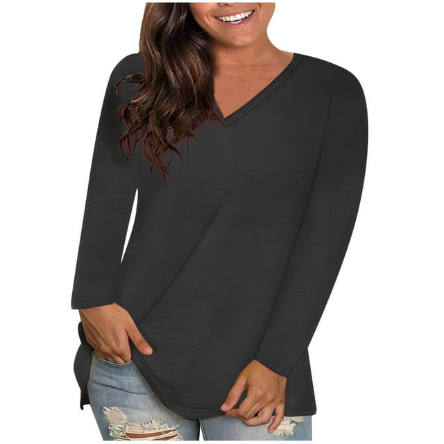 FAIWAD Plus Size Tops for Women Casual V-Neck Basic Solid Color Tees Loose Long Sleeve Ladies Going Out Shirts
