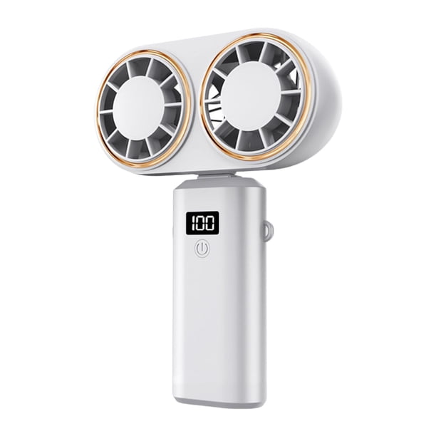Ventilador portátil con dos cabezales, potente flujo de aire, pantalla digital, ideal para acampar. blanco