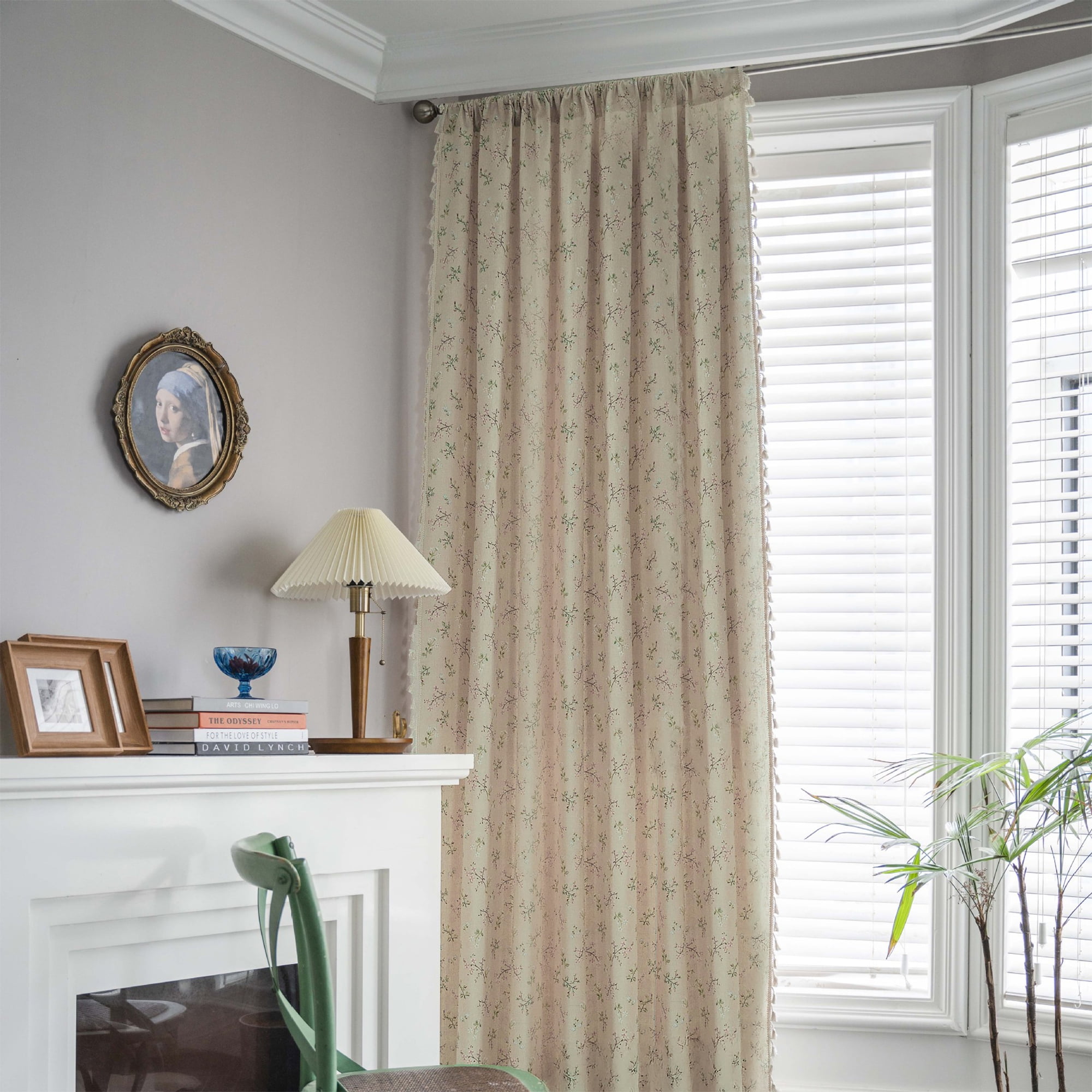 TURKIO 2 Panel Farmhouse Floral Linen Semi- Blackout Curtains,84 inches, Beige,for Living Room