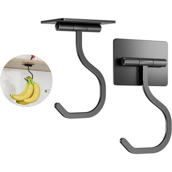Short Banana Hook Under Cabinet - 2 Pack Adhesive Banana Hanger Under Counter, Metal Banana Holder Stand for Hanging Bananas or Kitchen Utensil, Keeps Bananas Fresh, Black