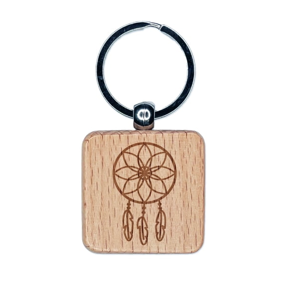 Dream Catcher Square Keychain Charm Tag - Engraved Wood