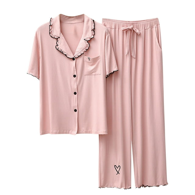 Womens 2 Piece Modal Pajama Set Summer Button Down Sleepwear Short Sleeve Collared Frilly Pants Sets Nightwear Pjs Pink, L