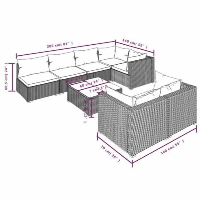 vidaXL 8 Piece Garden Lounge Set with Cushions Grey Poly Rattan