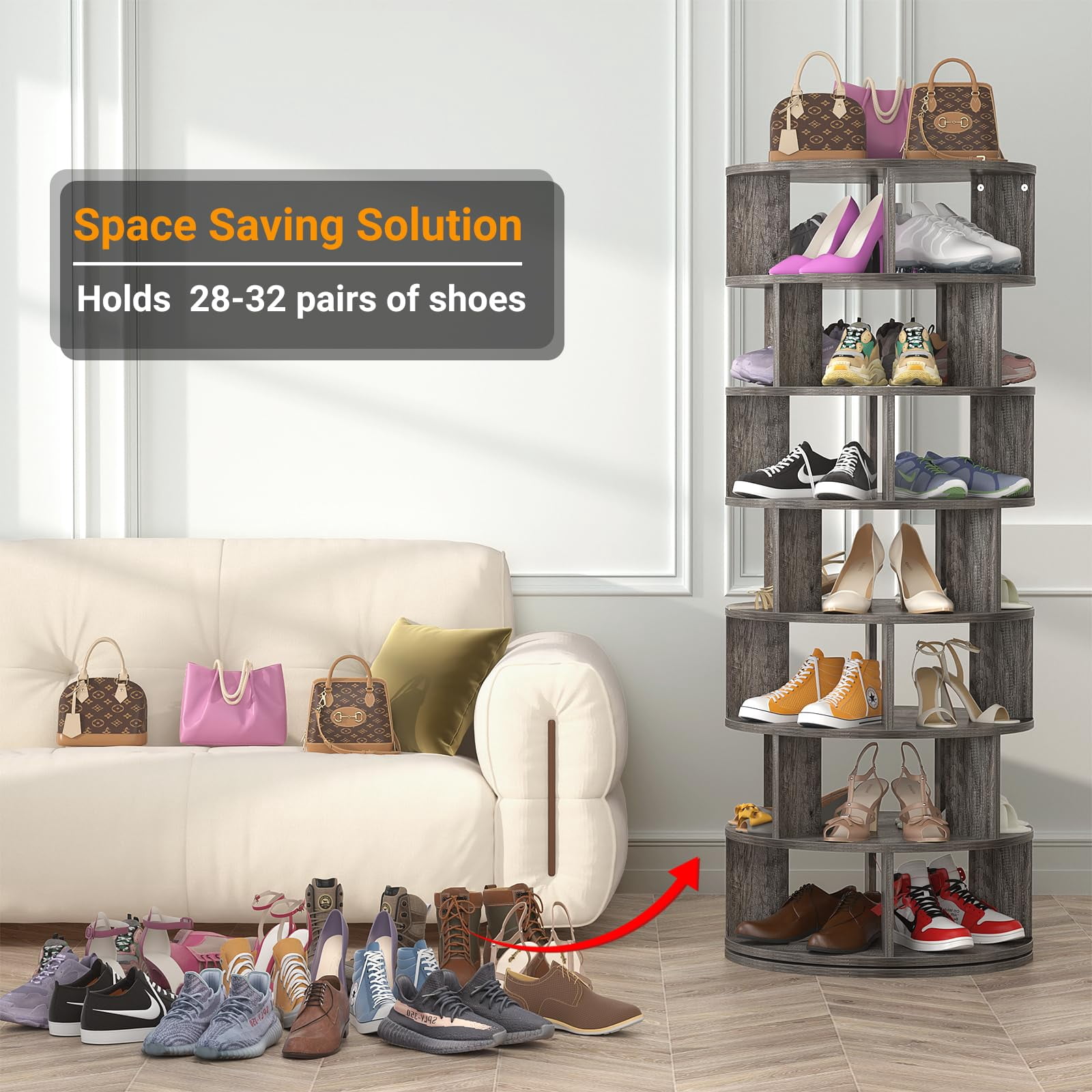 Aheaplus Rotating Shoe Rack Tower, 7-Tier Spinning Shoe Rack 360 Revolving Shoe Rack Organizer for Closet, Display Round Storage Carousel Shoes Closet Organization, Gray Oak