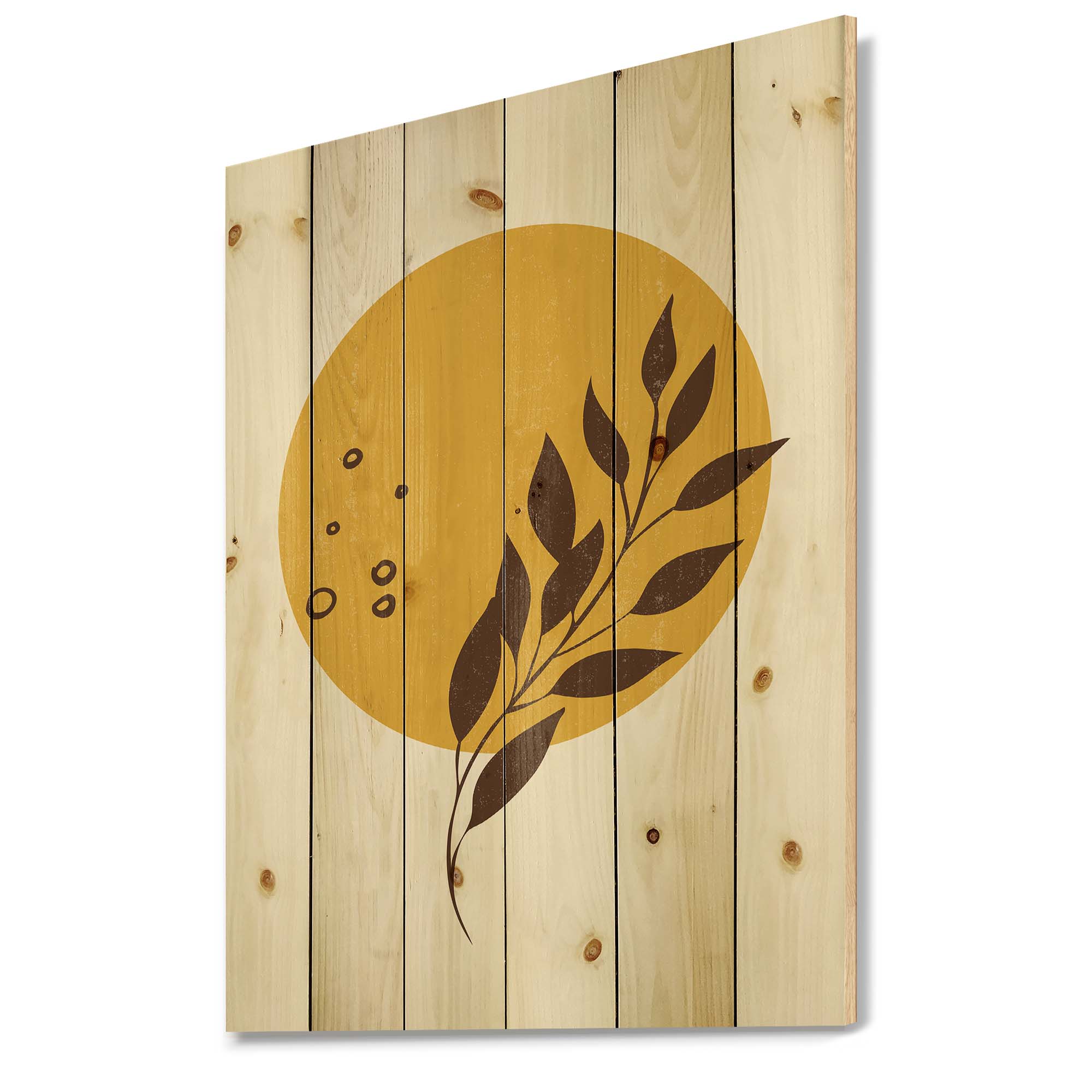 Designart 'Abstract Moon and Yellow Sun With Tropical Leaf II' Modern Print on Natural Pine Wood