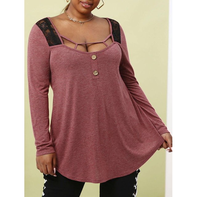 Talla grande de encaje de encaje Insertar camiseta de manga larga Rosegal Mangas largas de talla grande